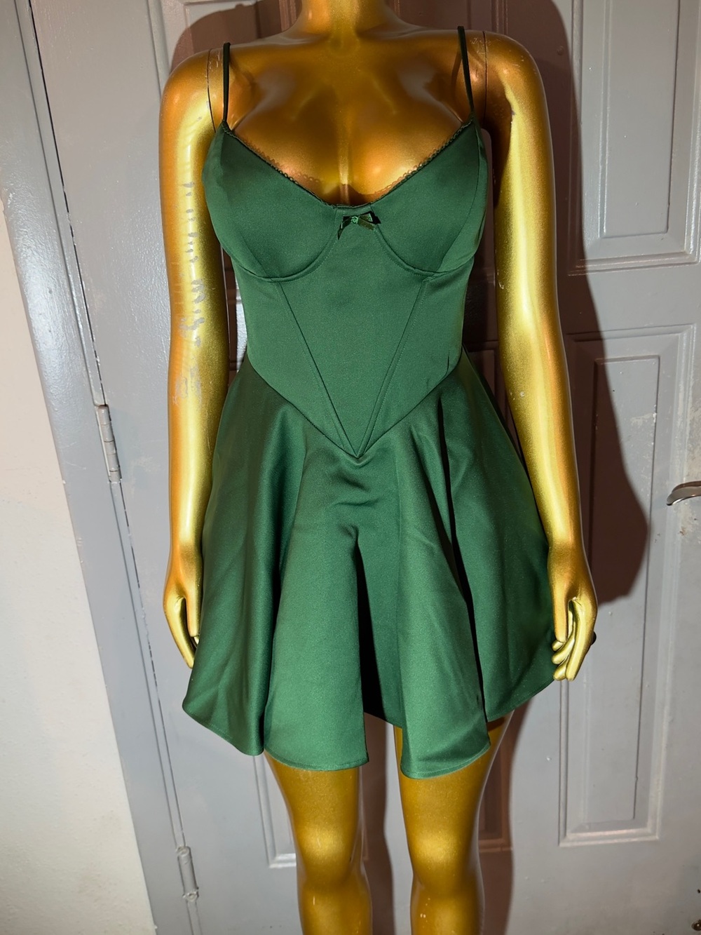 Fashion Nova Dark Green Spaghetti Strap Fit-and-Flare Mini Dress